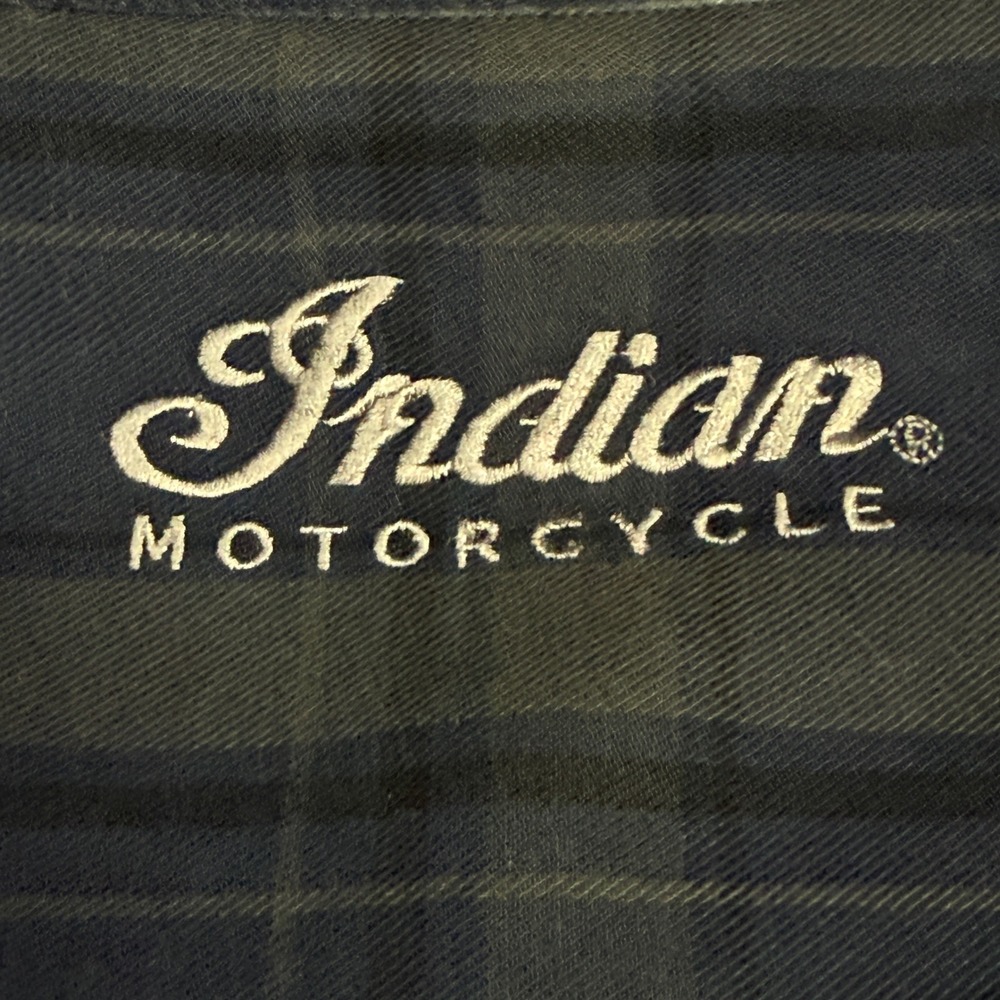 Indian Motorcycle Button Down Shirt Mens Medium Blue Plaid Long Sleeve Moto - Picture 12 of 13